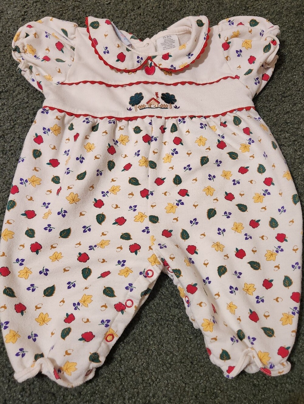 Small Steps VTG 3-6M White Fall Leaves Apples Collared Snap Romper Embroidered